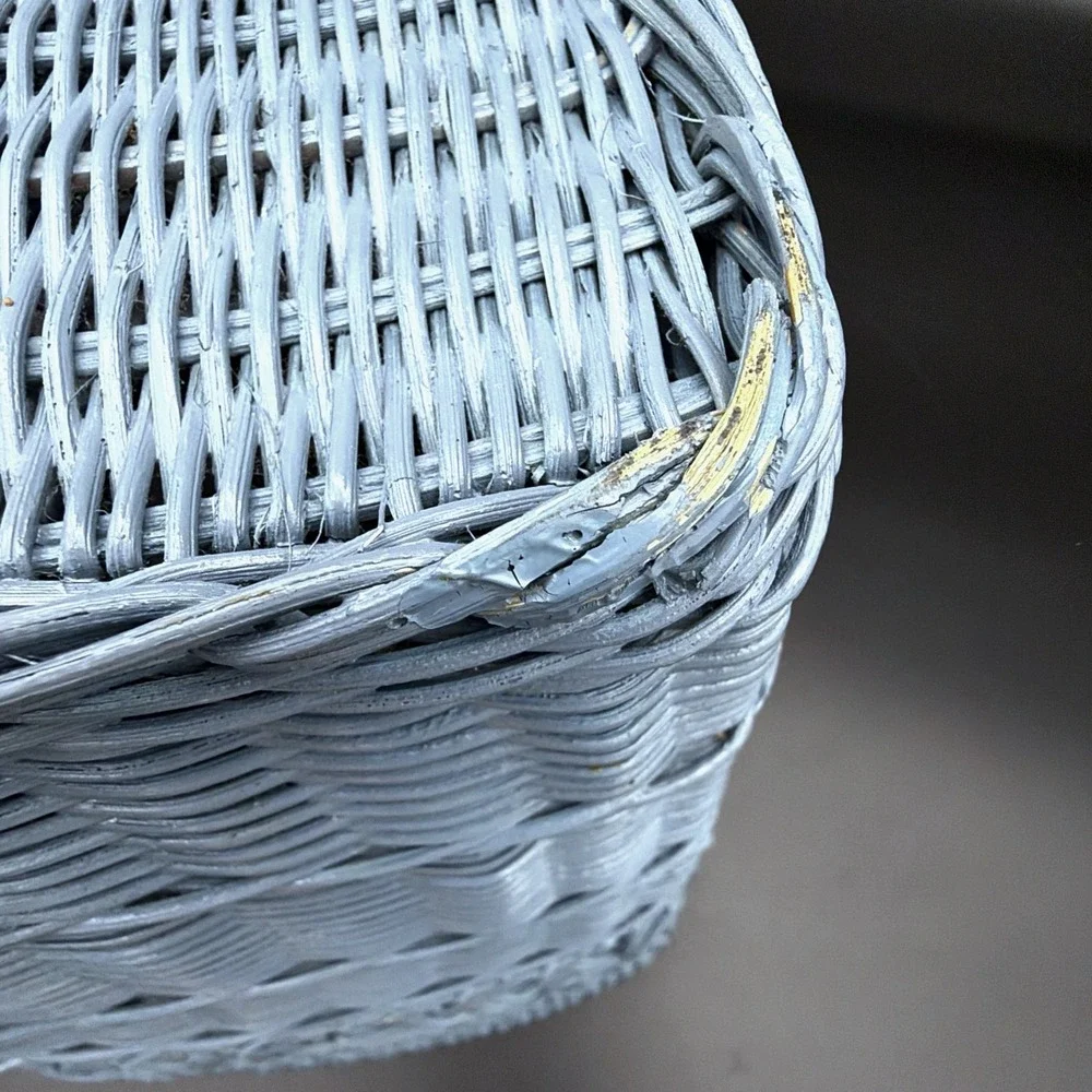 VTG Wicker Basket Light Blue Painted Braided Knot Openwork Lattice Decor